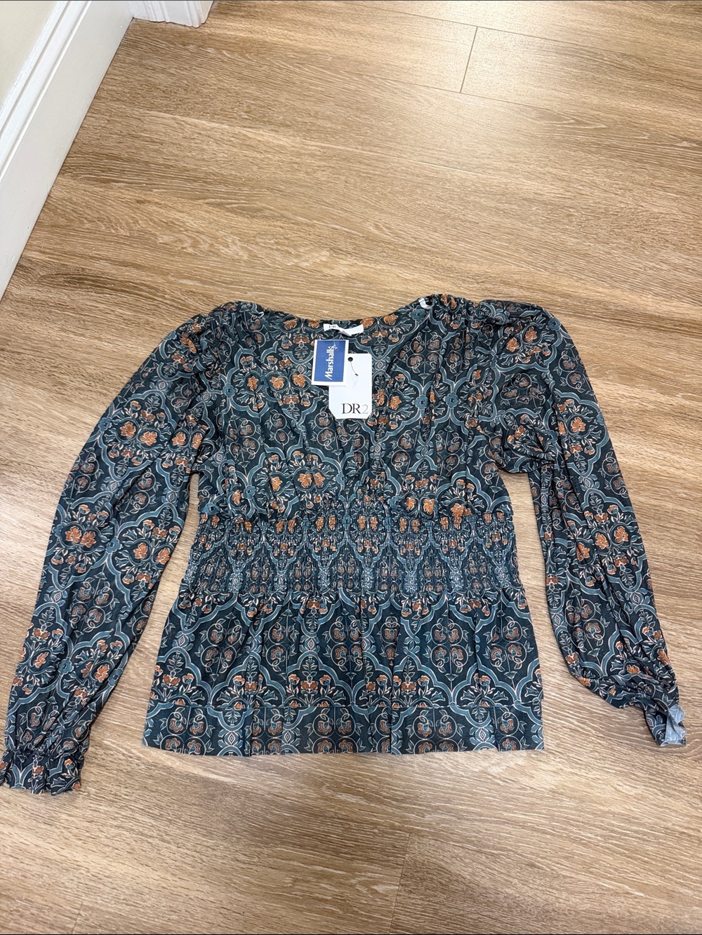DR2 Teal Navy Paisley-Print Smocked Long-Sleeve Blouse